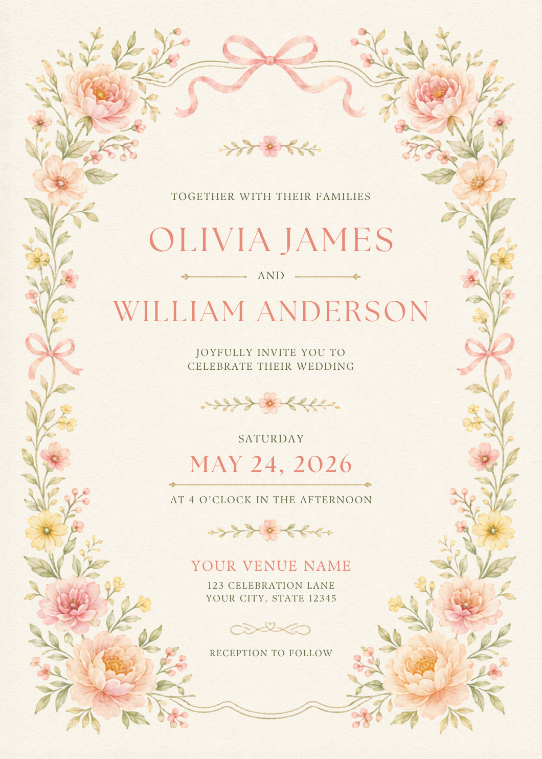 Peony Floral Border Wedding Invitation