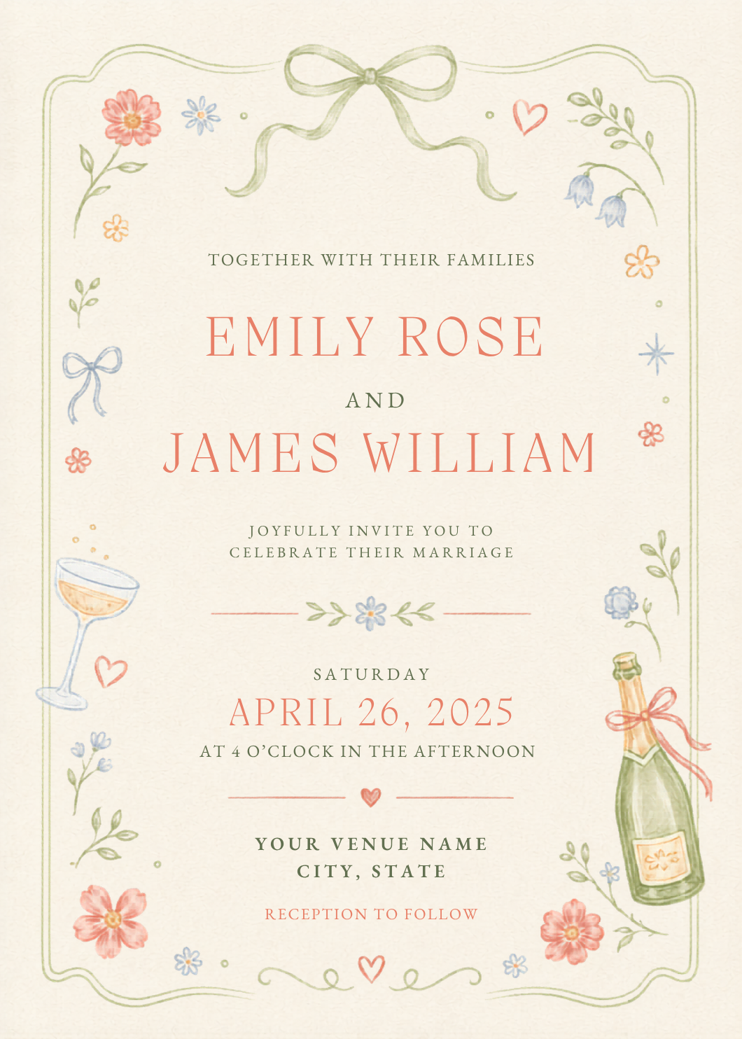 Hand-Drawn Champagne Floral Wedding Invitation