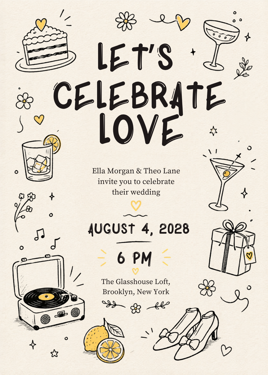 Let's Celebrate Love Doodle Wedding Invitation