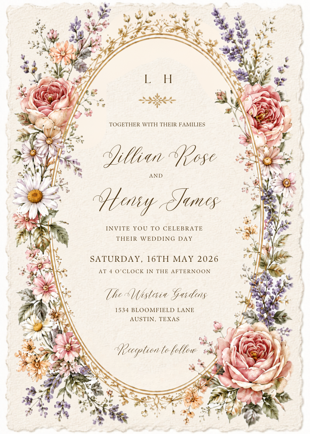 Vintage Floral Oval Wedding Invitation